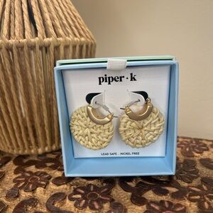 Piper K Woven Rattan Hoop Drop Earrings - Natural Beige